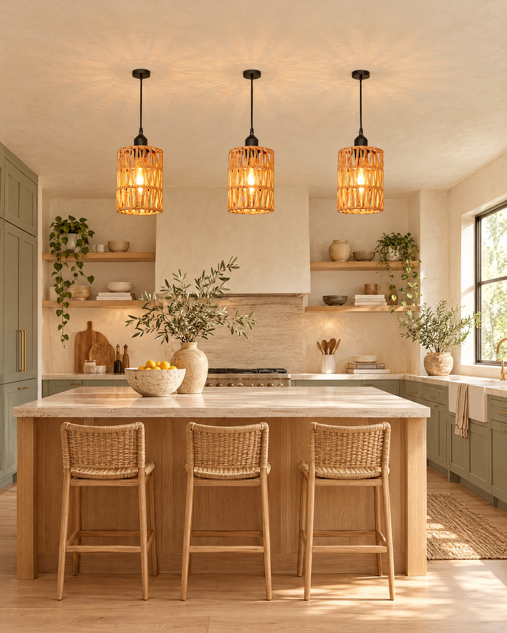 Three woven rattan cylinder pendant lights above an oak kitchen island with rattan stools in a sage green Japandi kitchen