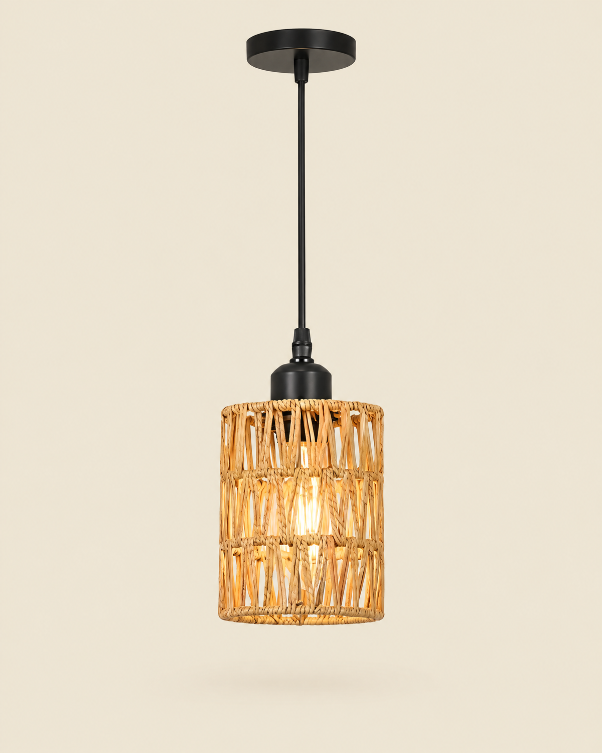 Woven rattan cylinder pendant light