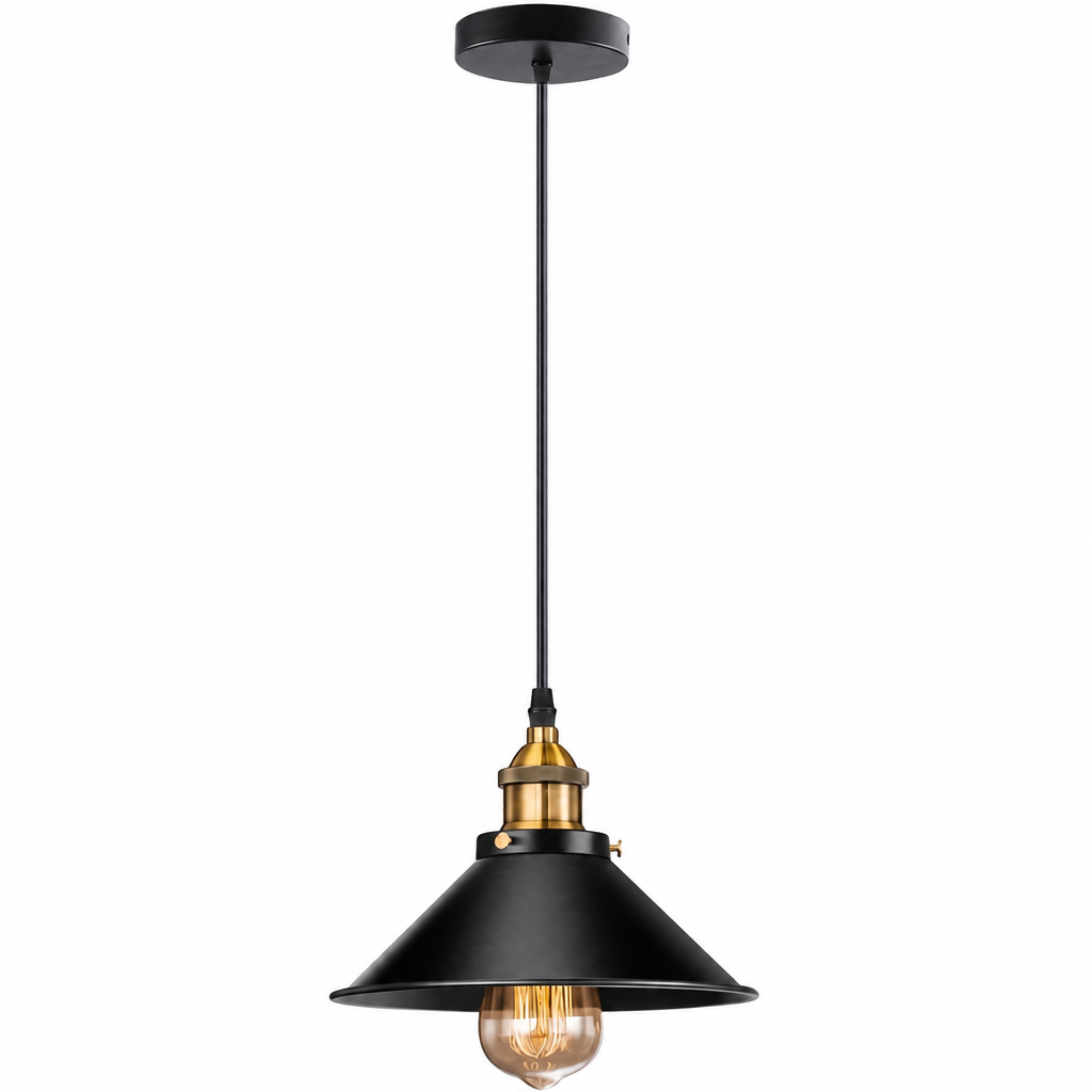 Industrial cone pendant light in matte black and brass