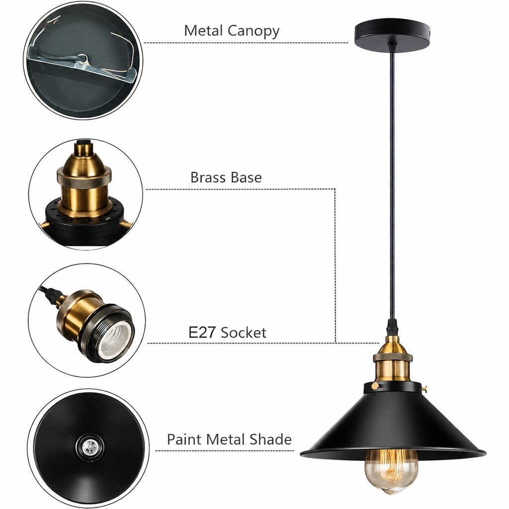 Details: metal canopy, brass base, E27 socket and metal shade