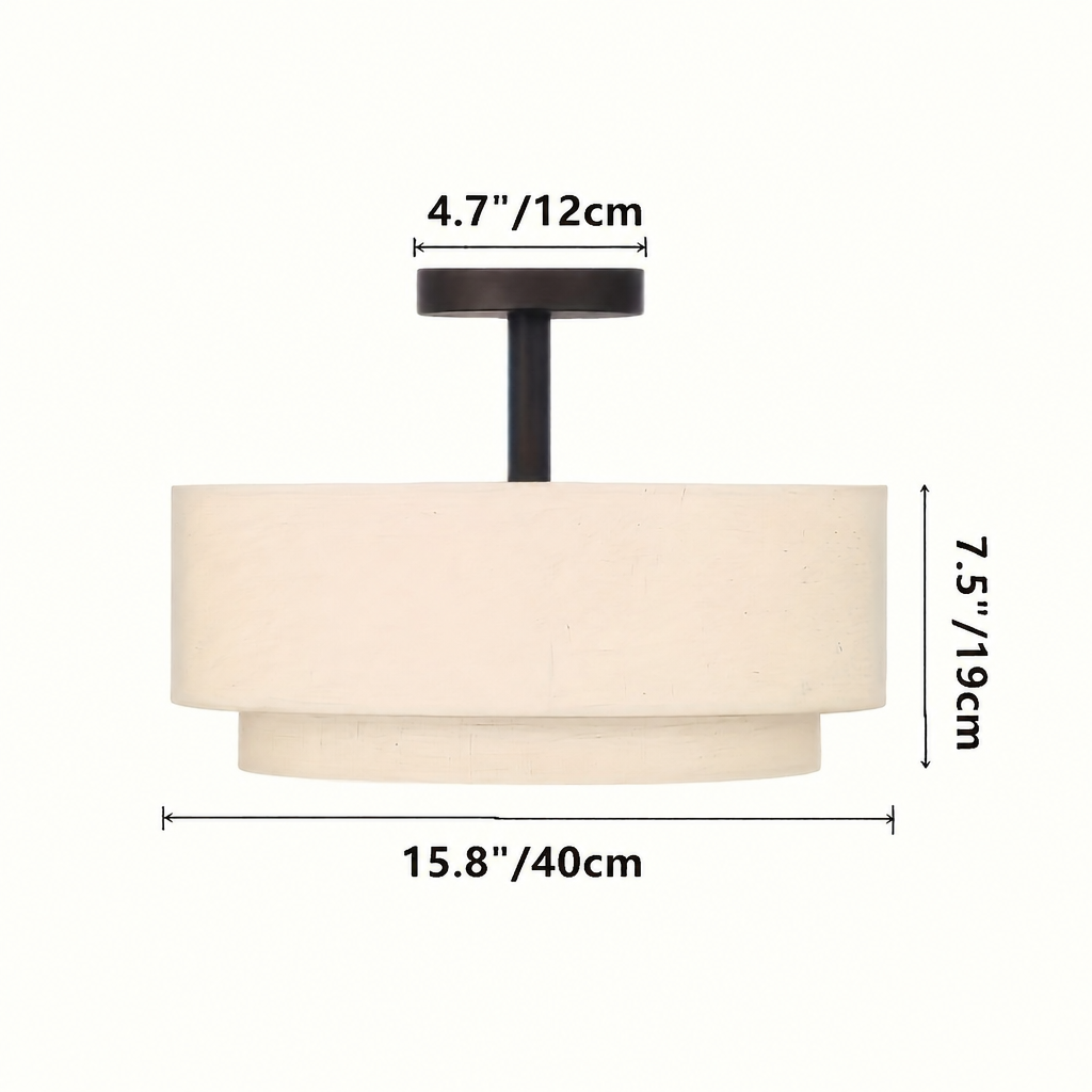 Double drum ceiling light dimensions: 40 cm diameter, 19 cm high, 12 cm canopy