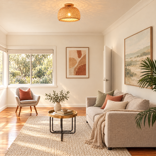 Woven bamboo dome ceiling light glowing warmly in a calm living room with sage and terracotta accents