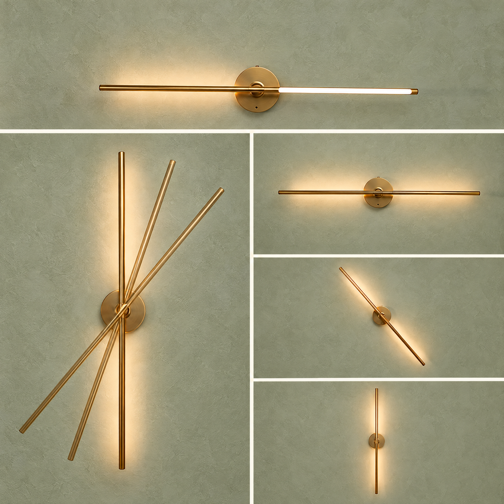 Rotating linear wall light shown horizontal, diagonal and vertical
