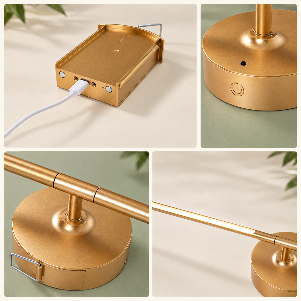 Details of the removable rechargeable battery, touch button and gold finish