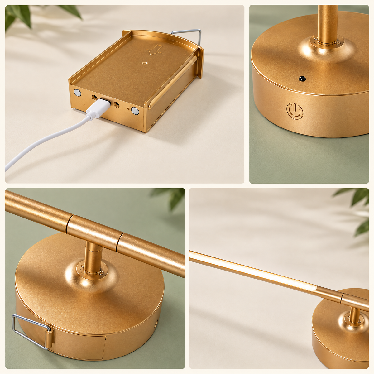 Details of the removable rechargeable battery, touch button and gold finish