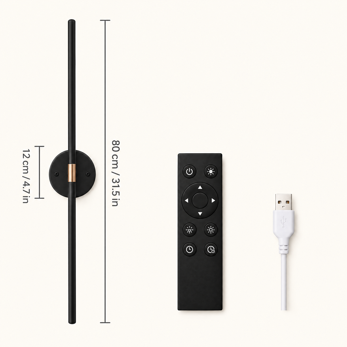 Black cordless linear wall light with remote and USB cable, 80 cm bar and 12 cm base