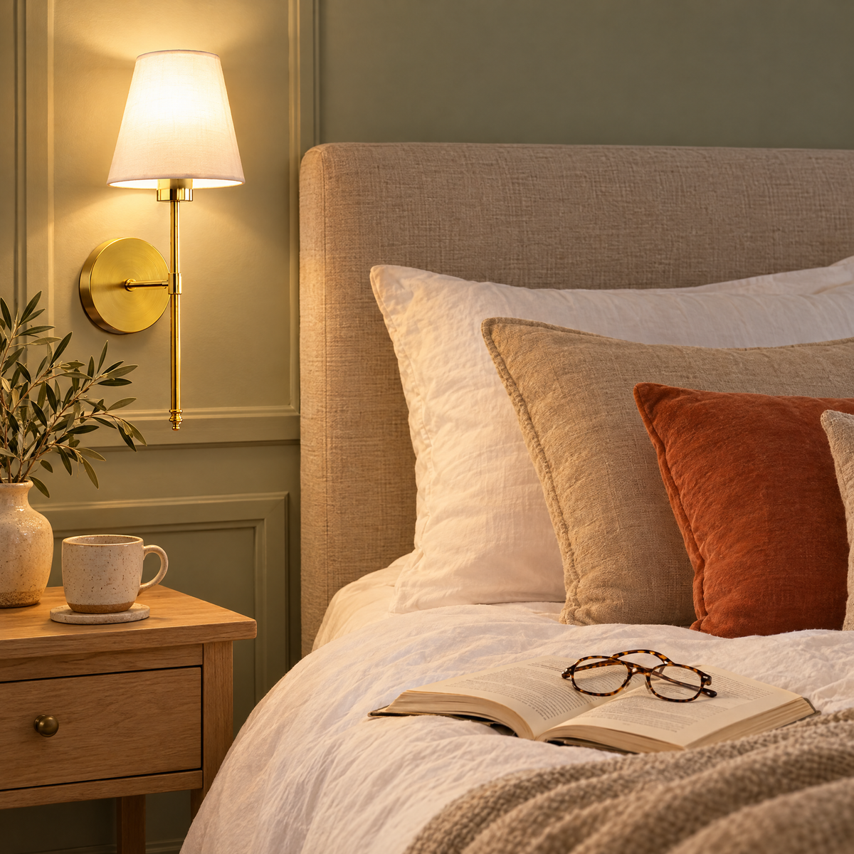 Gold fabric-shade wall light as a reading light beside a bed with sage green panelling