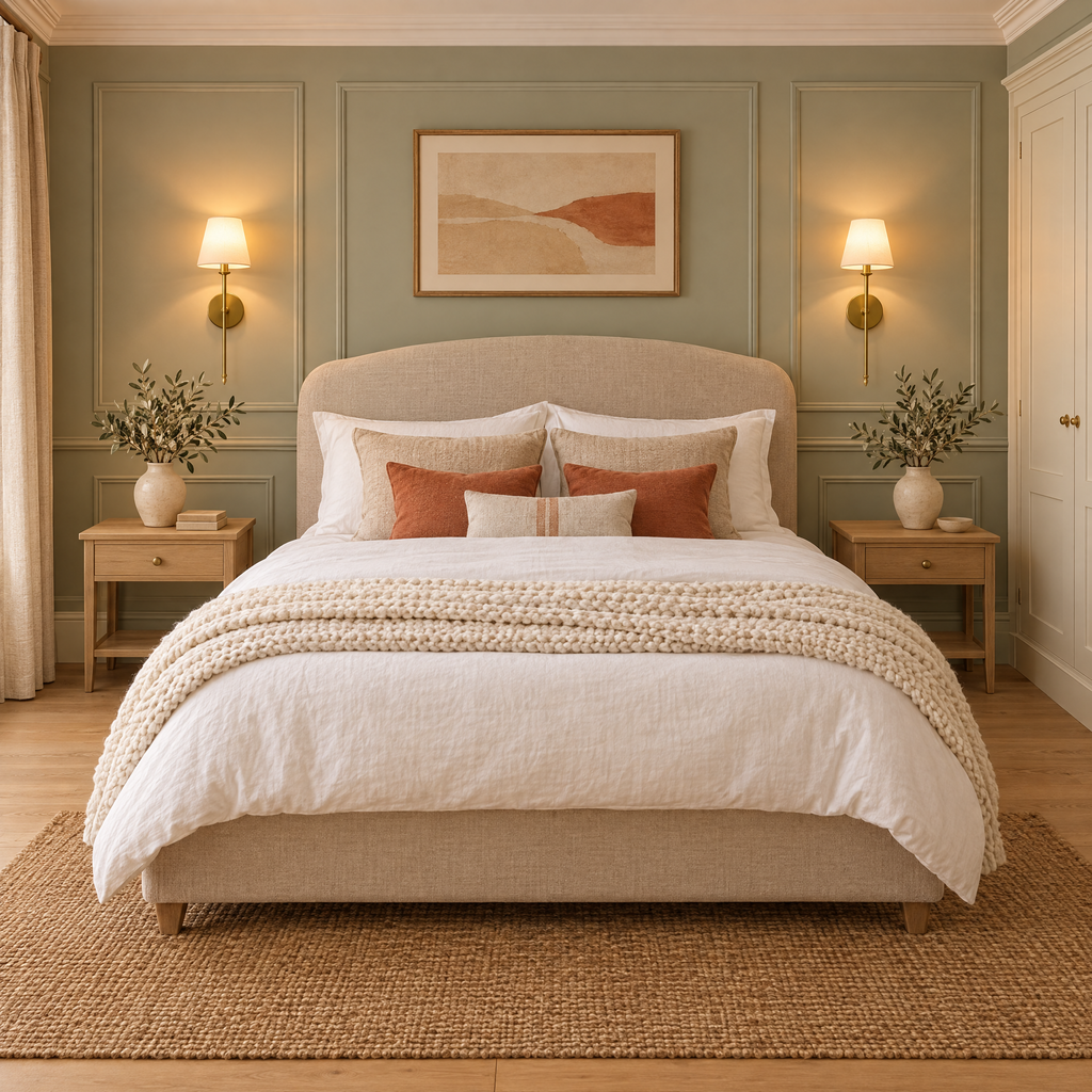 Two gold wall lights either side of the bed in an Edwardian bedroom