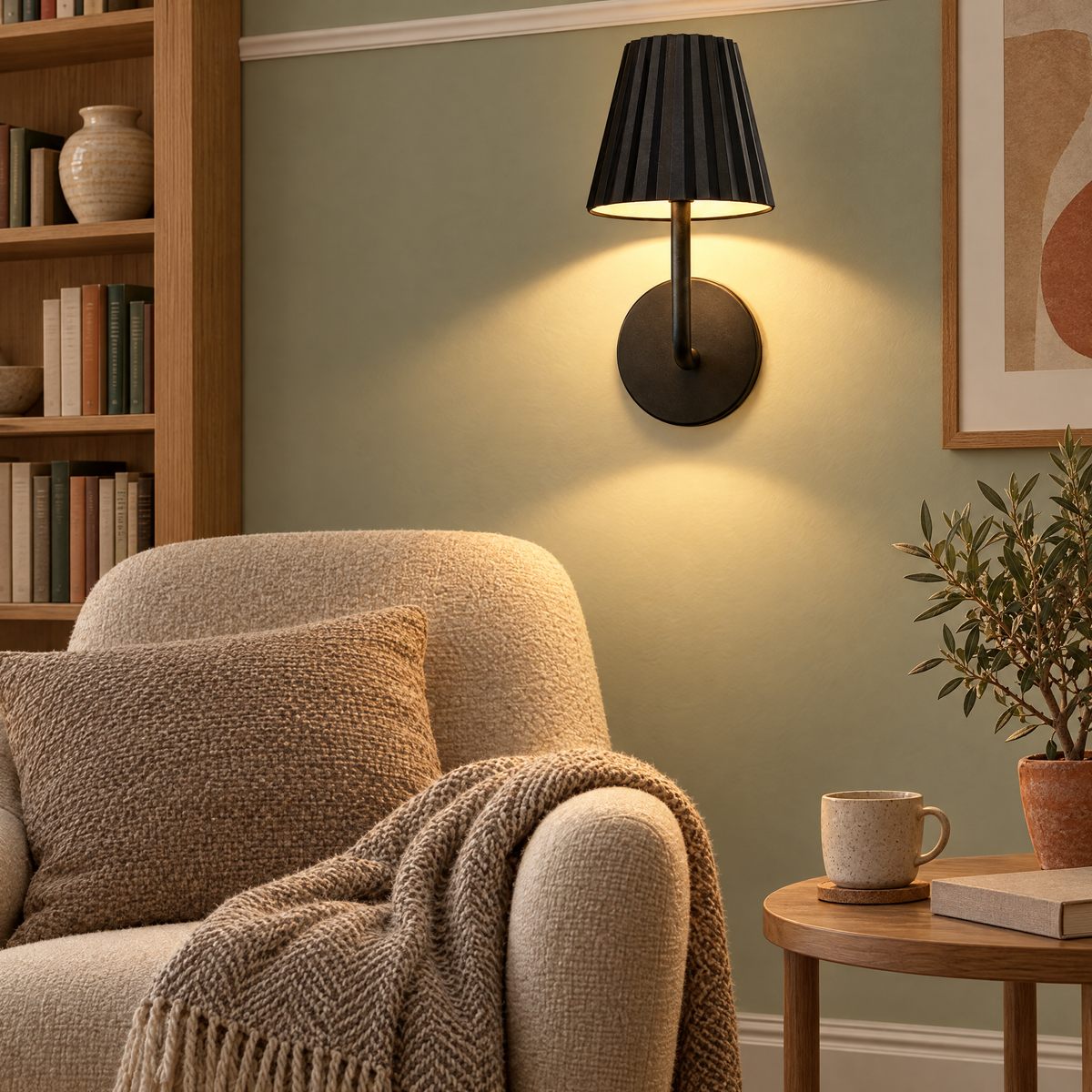 Black pleated-shade wall light above an armchair in a calm Edwardian reading corner