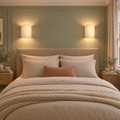 Pair of linen-shade wall lights glowing above a bed in a calm Edwardian bedroom