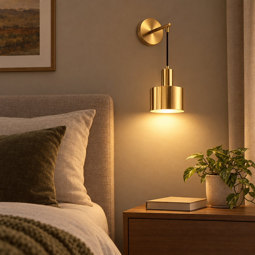 Gold cordless wall light beside a bed