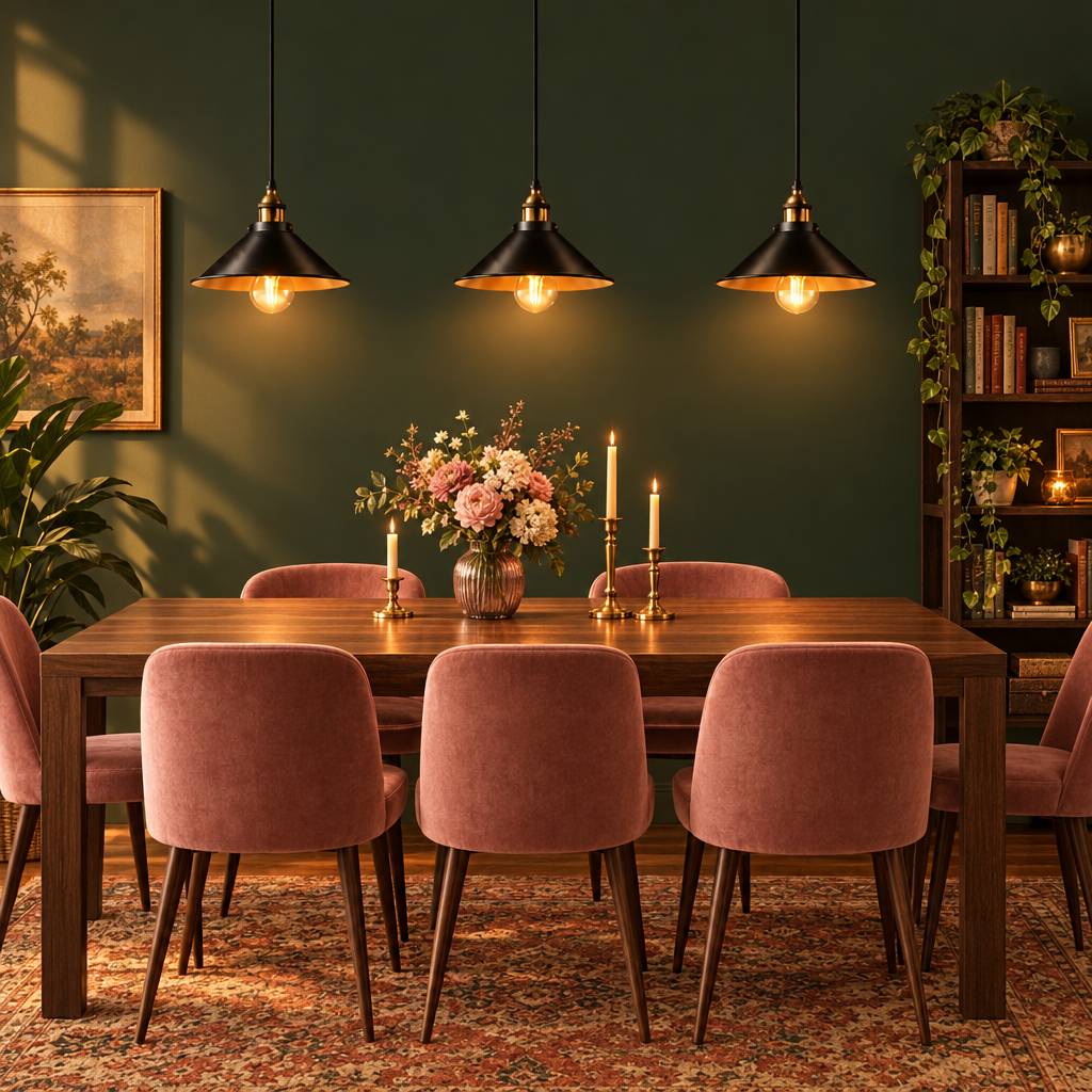 Three black industrial cone pendant lights above a walnut dining table with pink velvet chairs