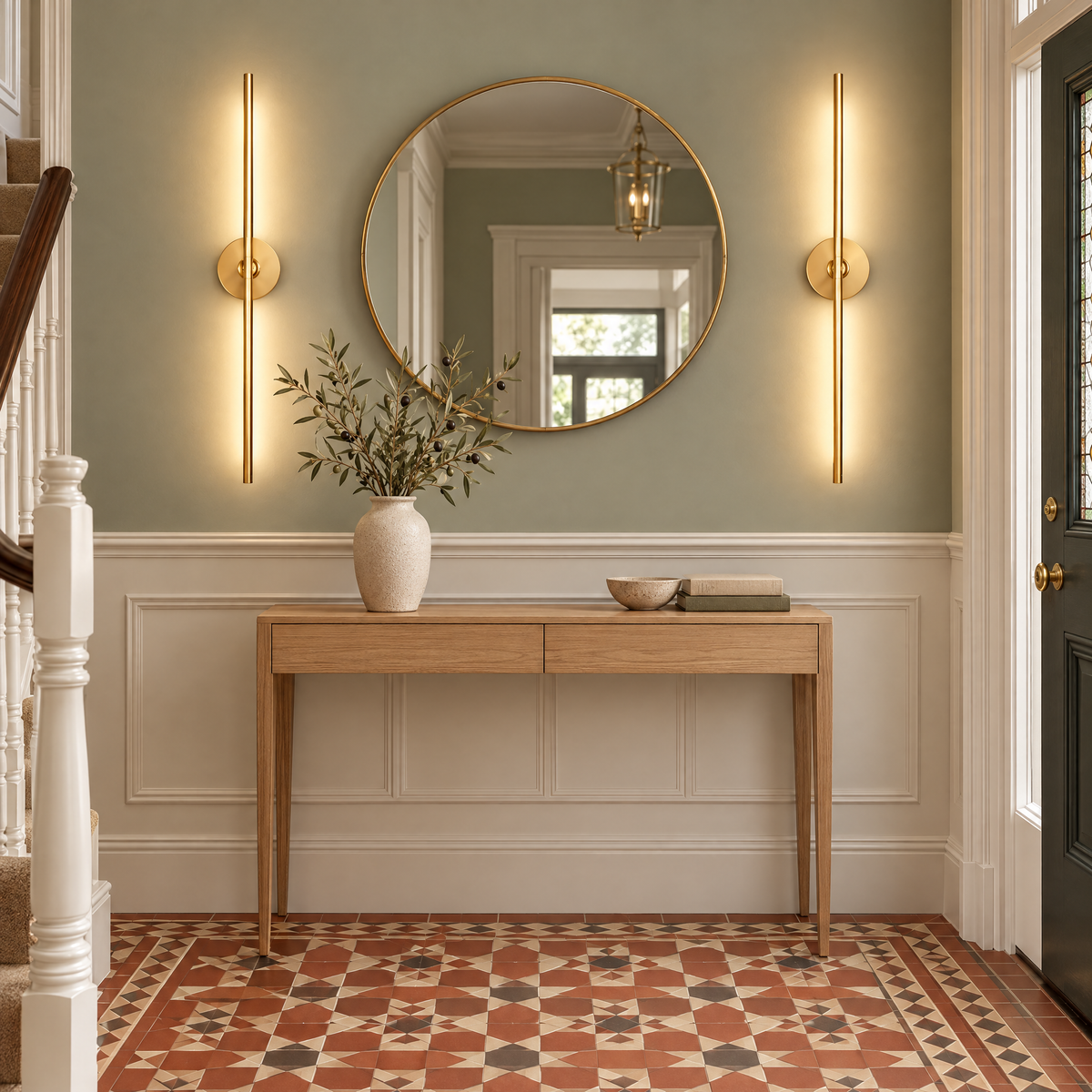 Two gold linear wall lights beside a round mirror in a Victorian hallway