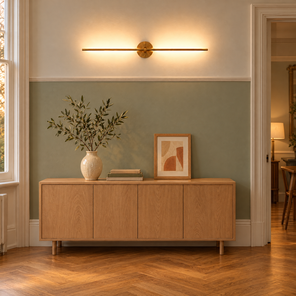 Cordless gold linear wall light glowing above an oak sideboard on a sage green wall
