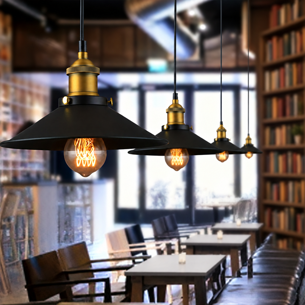 Industrial black and brass cone pendant lights above light grey tables in a cafe with a bookshelf