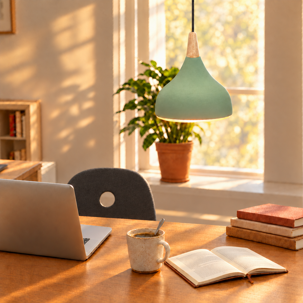 Sage green teardrop pendant light above a sunlit wooden desk with coffee and an open book