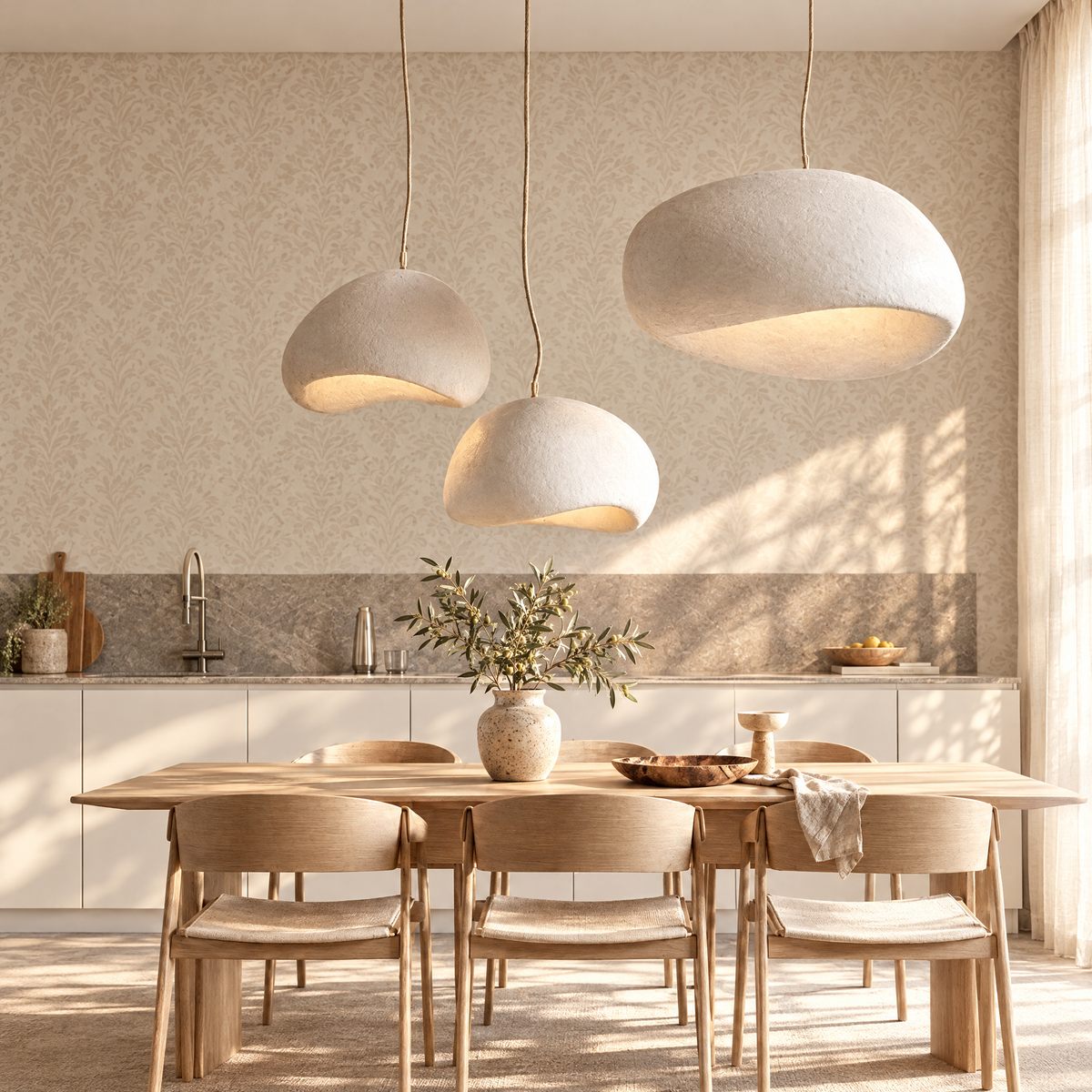 Three white wabi-sabi pebble pendant lights above an oak dining table in soft morning daylight with an olive branch vase