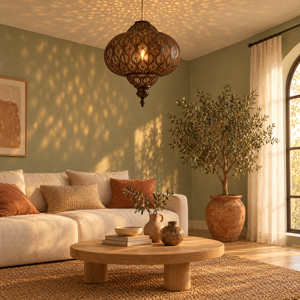 Moroccan fretwork ceiling shade glowing above a coffee table in a cosy sage green living room