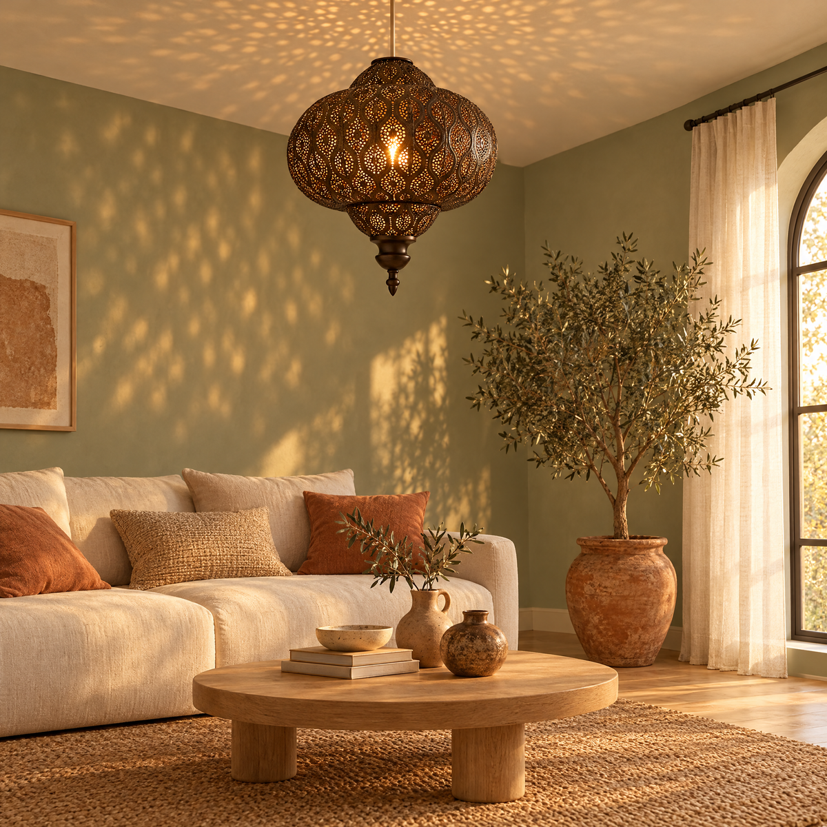 Moroccan fretwork ceiling shade glowing above a coffee table in a cosy sage green living room