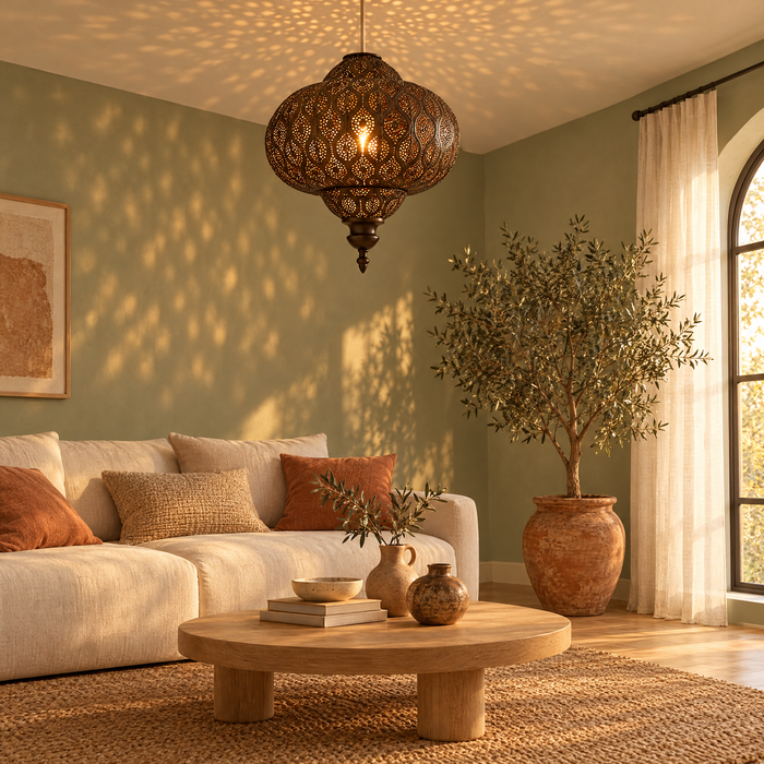 Moroccan fretwork ceiling shade glowing above a coffee table in a cosy sage green living room