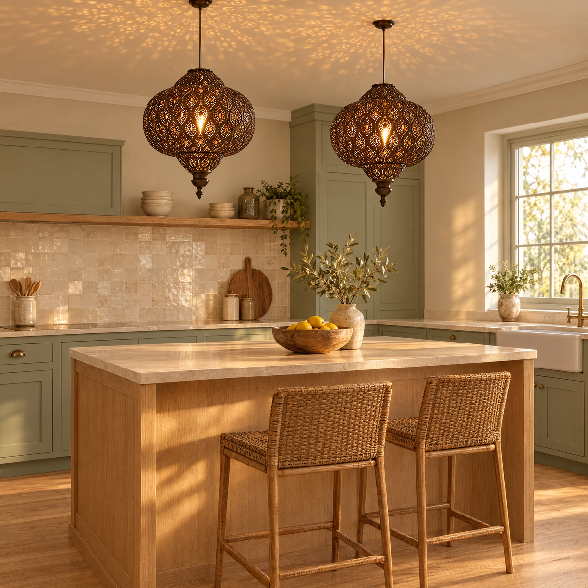 Two bronze Moroccan fretwork pendants glowing above an oak kitchen island with sage green cabinets