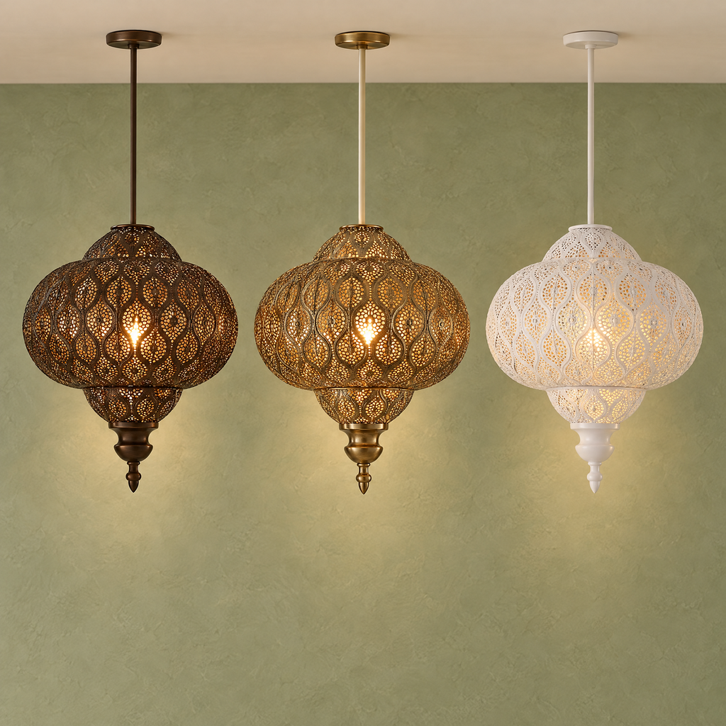 Moroccan fretwork ceiling shade in bronze, silver and white side by side