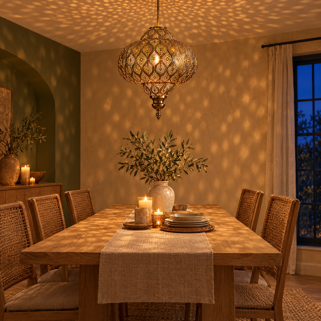 Silver Moroccan fretwork pendant casting a light pattern above an oak dining table in the evening