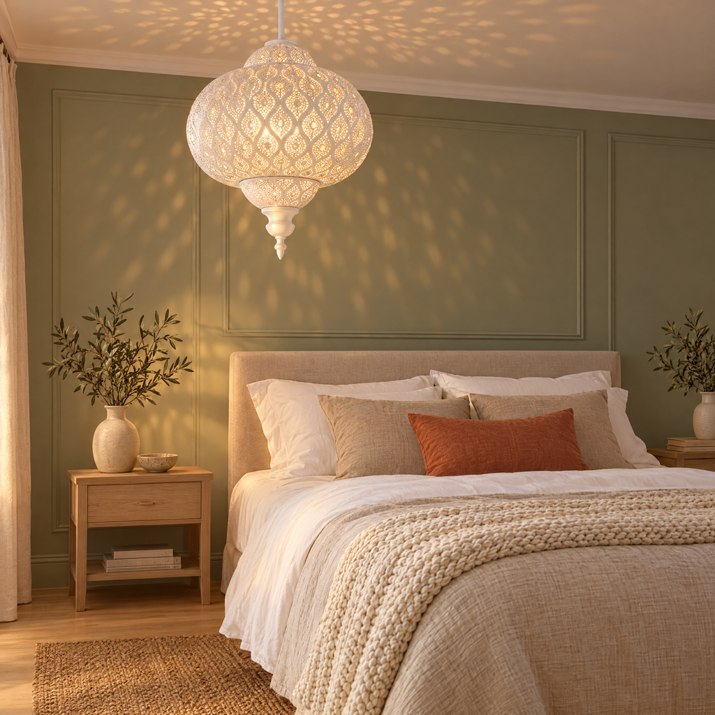 White Moroccan fretwork ceiling shade glowing in a calm bedroom with sage green panelling