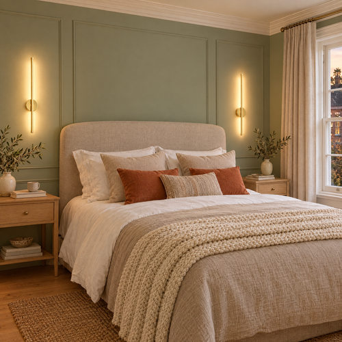 Pair of gold 50 cm linear wall lights either side of the bed in an Edwardian bedroom