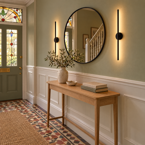 Pair of black 50 cm linear wall lights beside a round mirror in a Victorian hallway