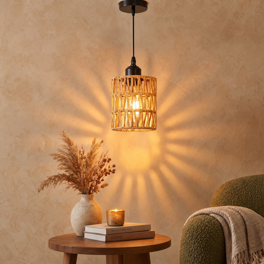 Woven rattan cylinder pendant light casting a warm sun-ray pattern on a warm beige limewash wall above a walnut side table, beside an olive green armchair