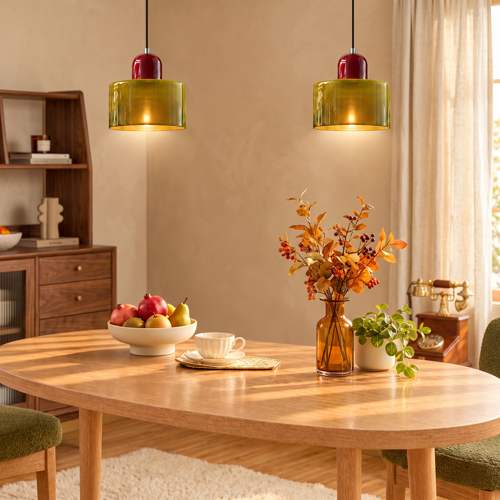 Olive and burgundy glass drum pendant lights above an oval oak dining table in a warm beige dining room