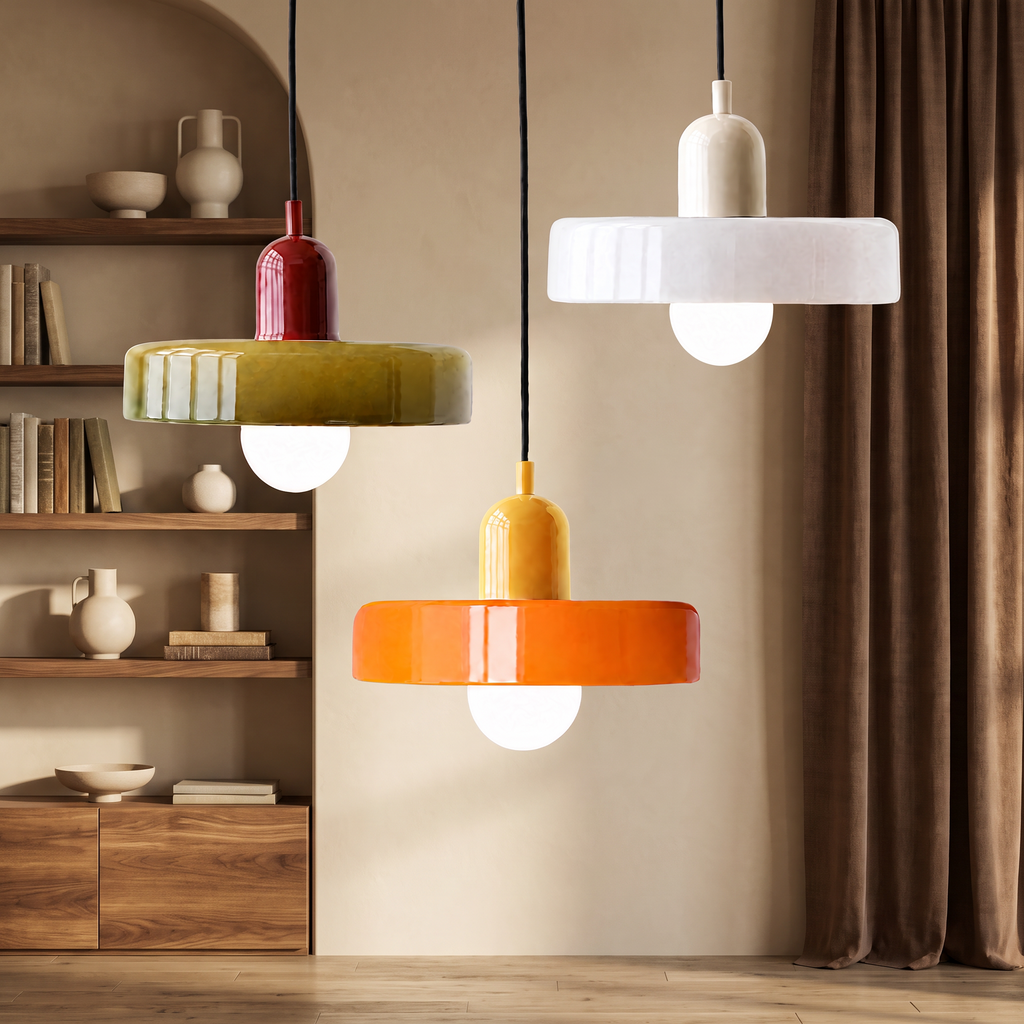 Three Bauhaus glass disc pendant lights beside wooden shelving against a warm beige wall with chocolate brown curtains