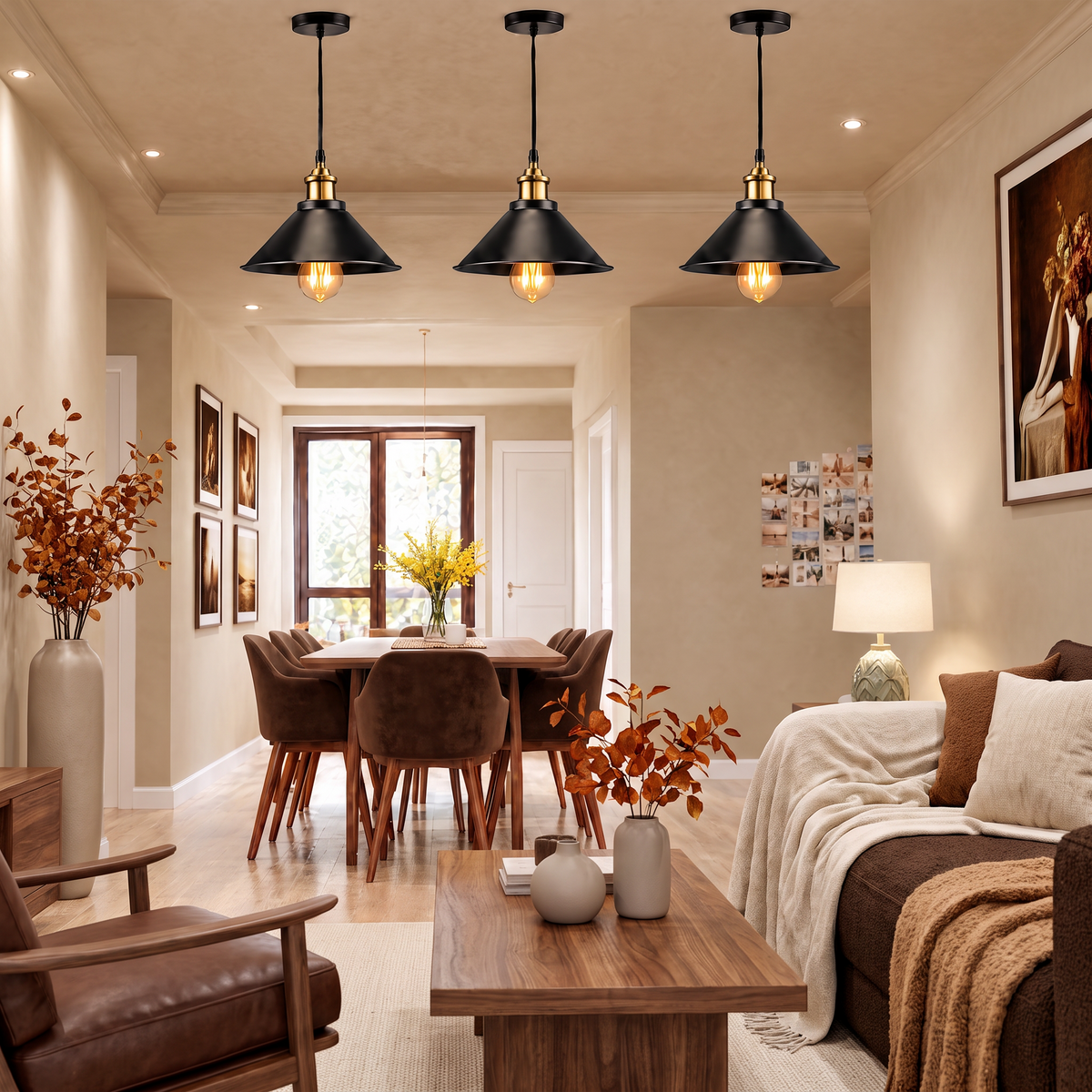 Three black and brass industrial cone pendant lights in a warm beige living room with walnut furniture and chocolate brown leather accents