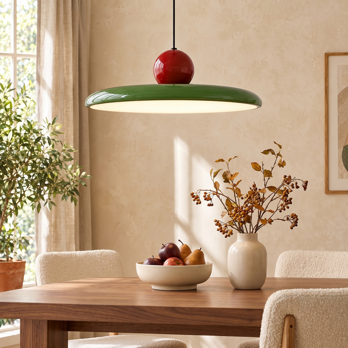 Green saucer LED pendant light with red sphere above a wooden dining table in a warm beige dining room