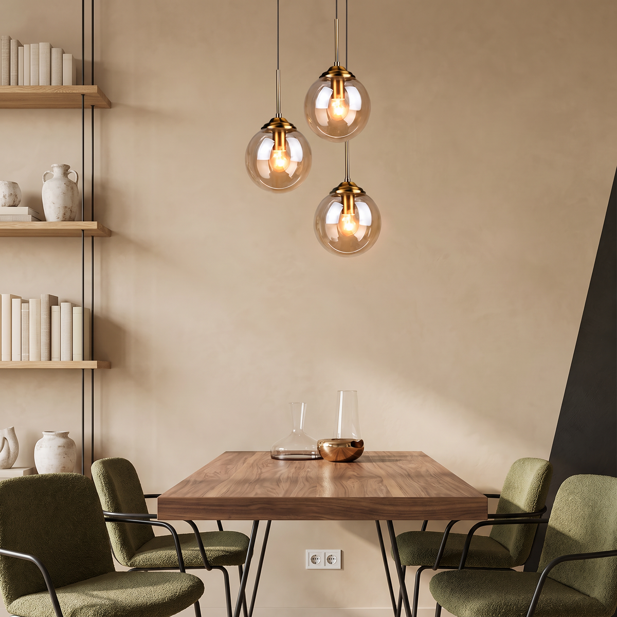 Three amber glass globe pendant lights above a walnut dining table with olive green chairs
