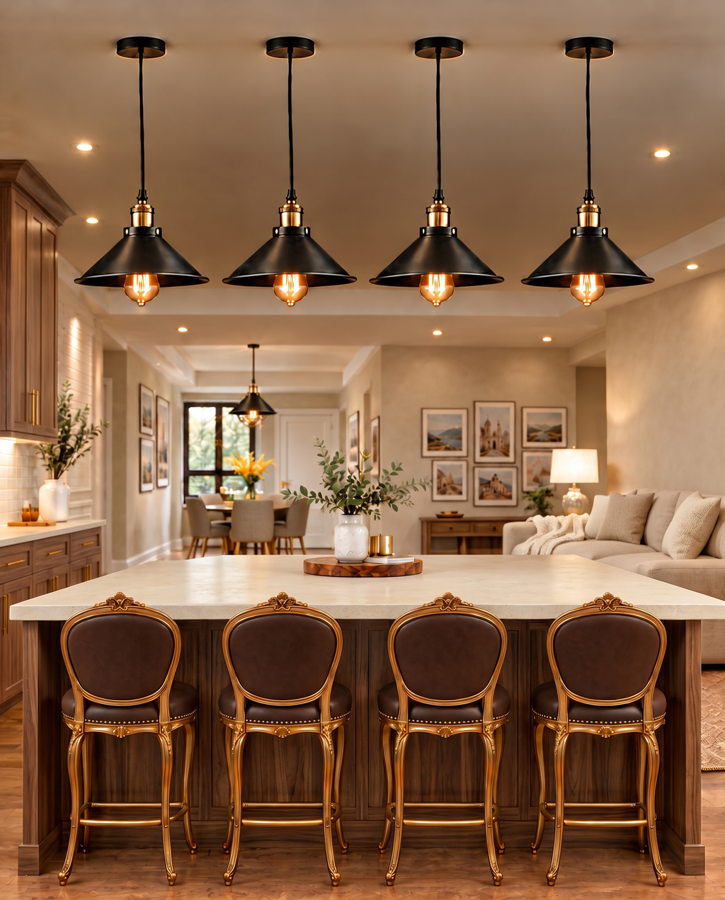 Black and brass industrial cone pendant lights above a cream stone kitchen island with walnut cabinetry and brown leather stools