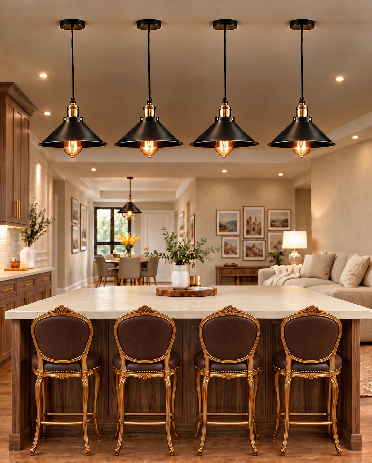 Black and brass industrial cone pendant lights above a cream stone kitchen island with walnut cabinetry and brown leather stools