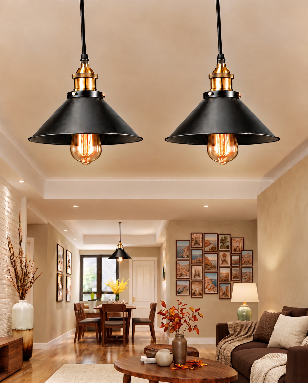 Black and brass industrial cone pendant lights in a warm beige living room with chocolate brown and cream textiles