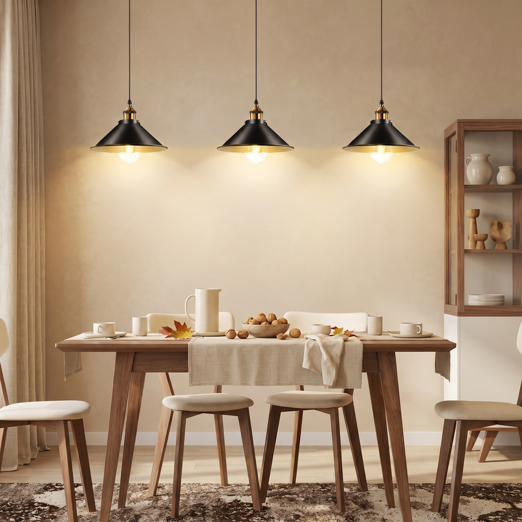 Three black cone pendant lights above a walnut dining table against a warm beige limewash wall