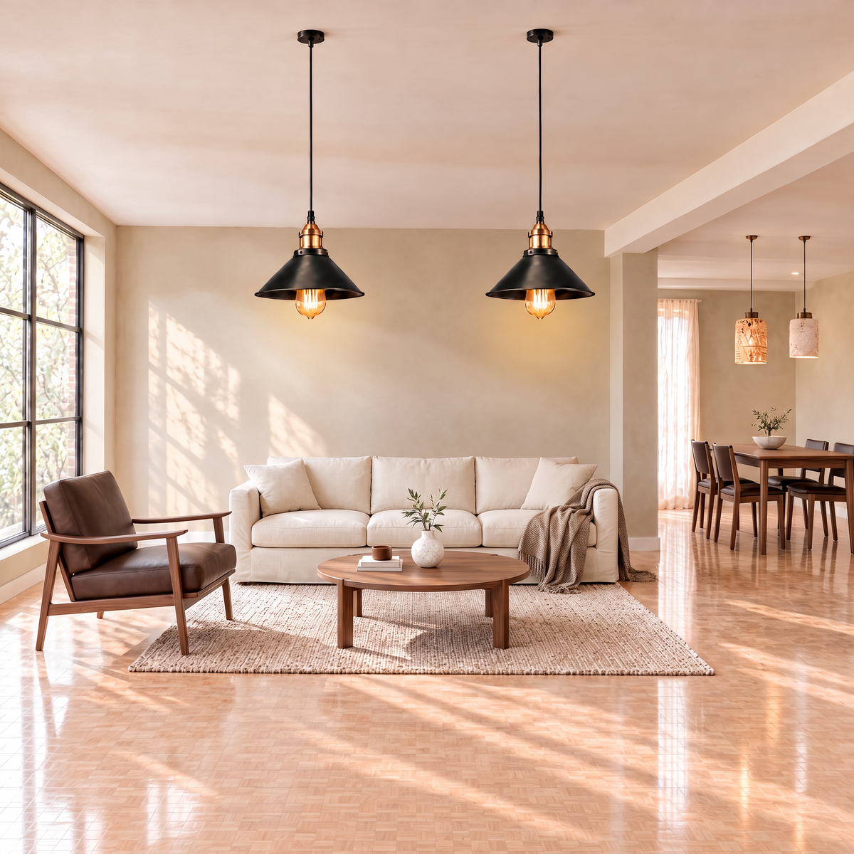 Two black and brass industrial cone pendant lights in a bright warm beige living room with a chocolate brown leather armchair