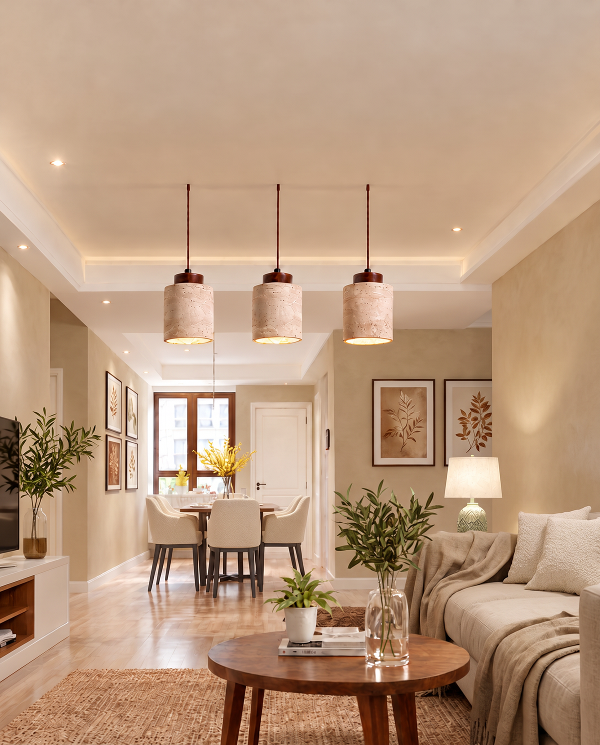 Three travertine pendant lights in a warm beige living room with cream boucle chairs and walnut furniture
