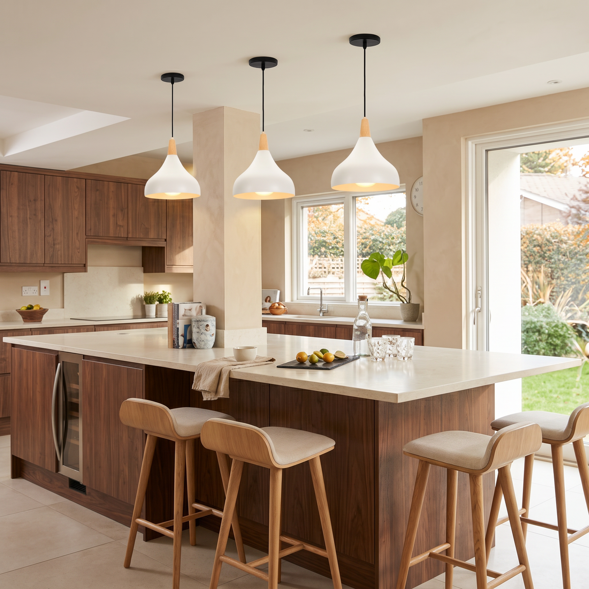 Three white teardrop pendant lights above a kitchen island with walnut cabinetry and a warm beige wall