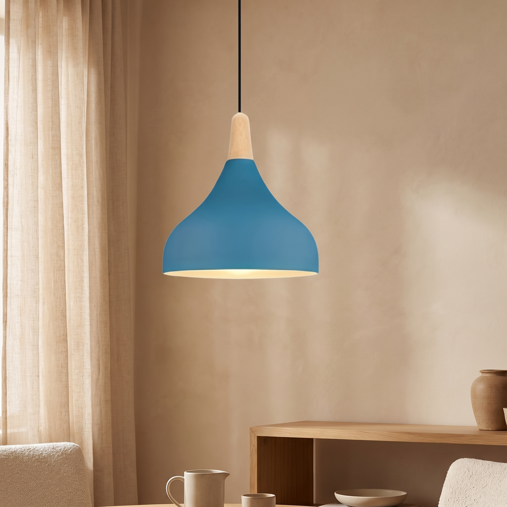 Petrol blue teardrop pendant light beside linen curtains against a warm beige wall