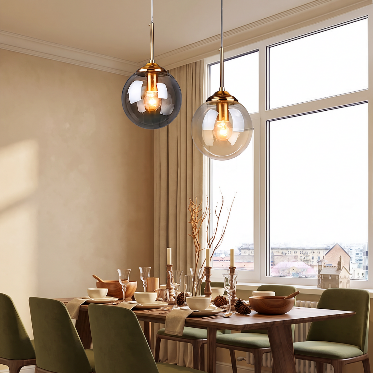 Glass globe pendants above a walnut dining table with olive green chairs in a warm beige dining room
