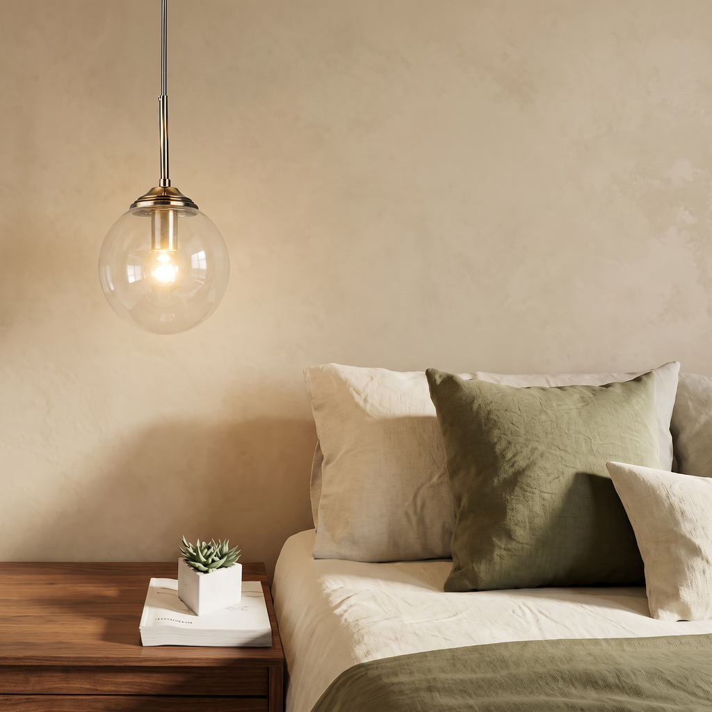 Clear glass globe pendant light with brass fittings beside a bed with olive green linen and a walnut nightstand against a warm beige wall