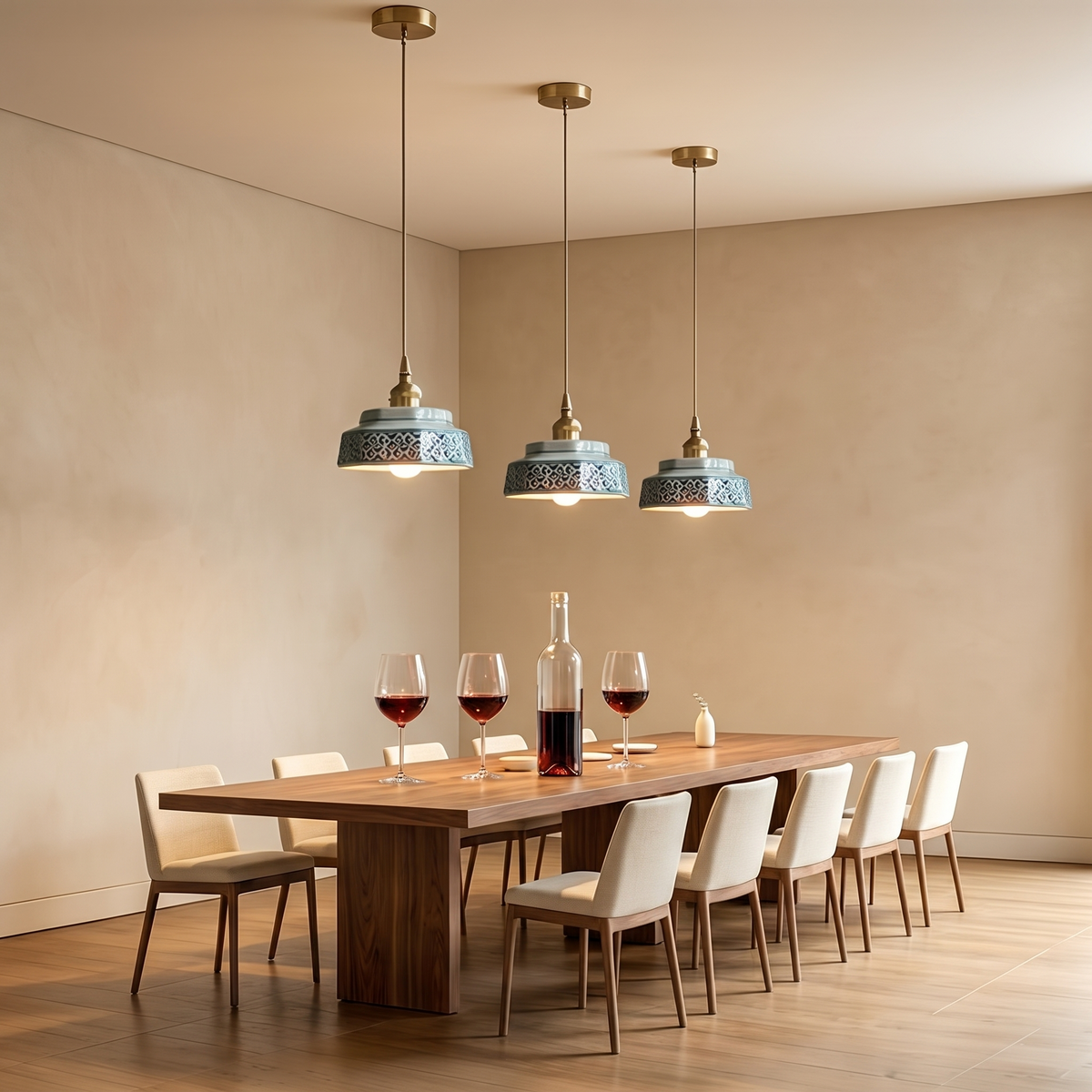 Three glazed ceramic pendant lights above a long dining table