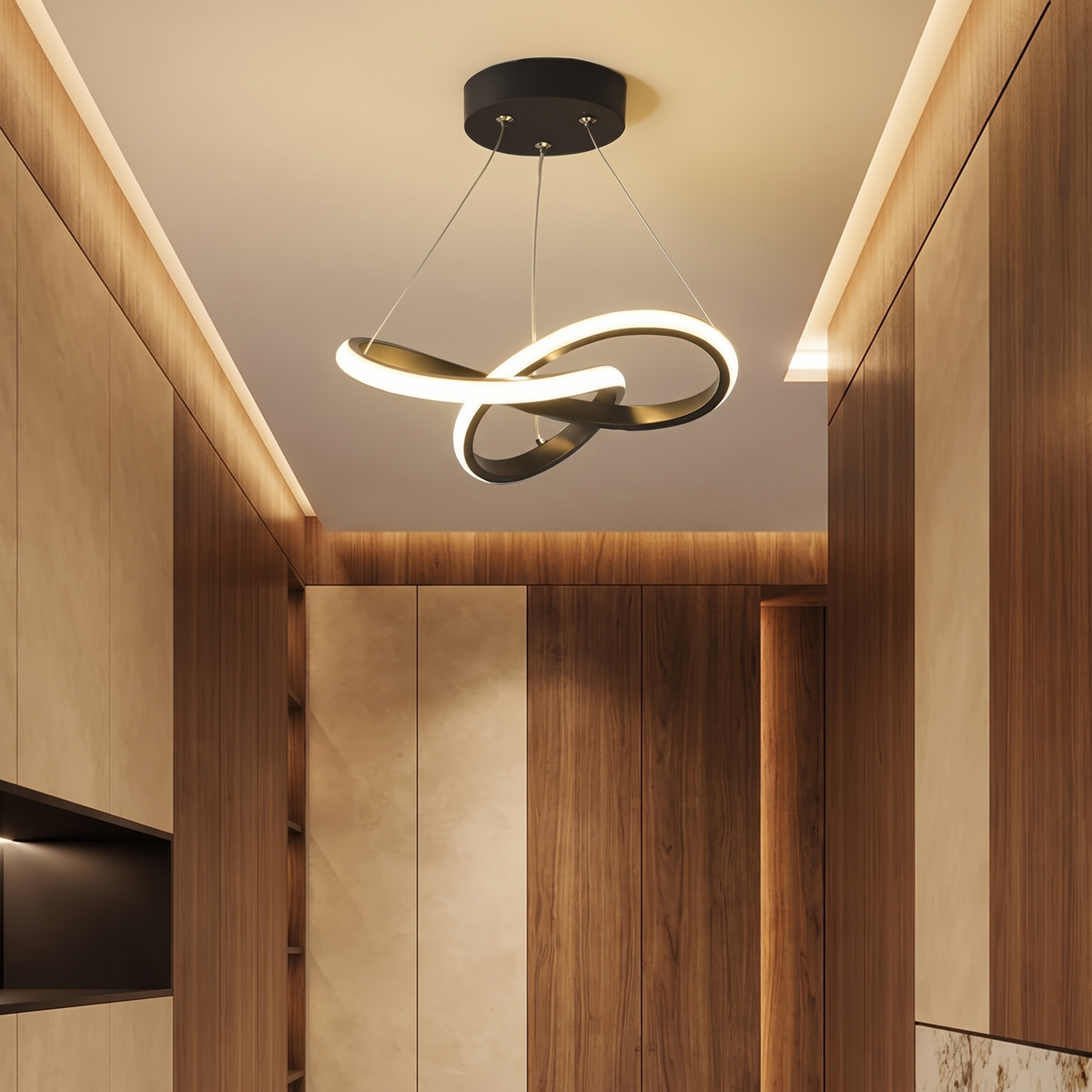 Twisted ring pendant in a hallway with warm beige walls and walnut panelling