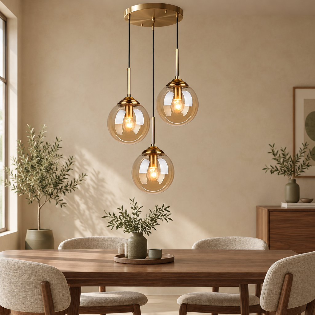 Brass round 3-light glass globe pendant in amber glass in a warm beige interior