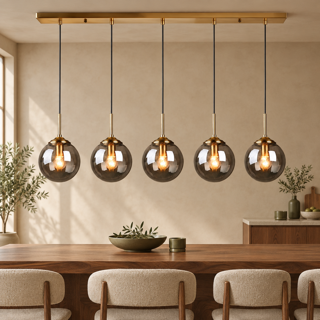Brass 5-light bar glass globe pendant in smoky grey glass in a warm beige interior